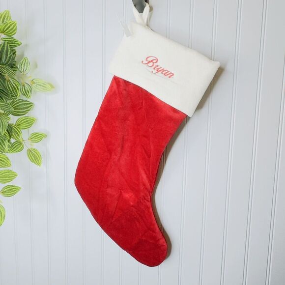 Pottery Barn BRYAN Classic Red White Ivory Velvet Christmas Stocking Mono NWOT - Picture 1 of 6